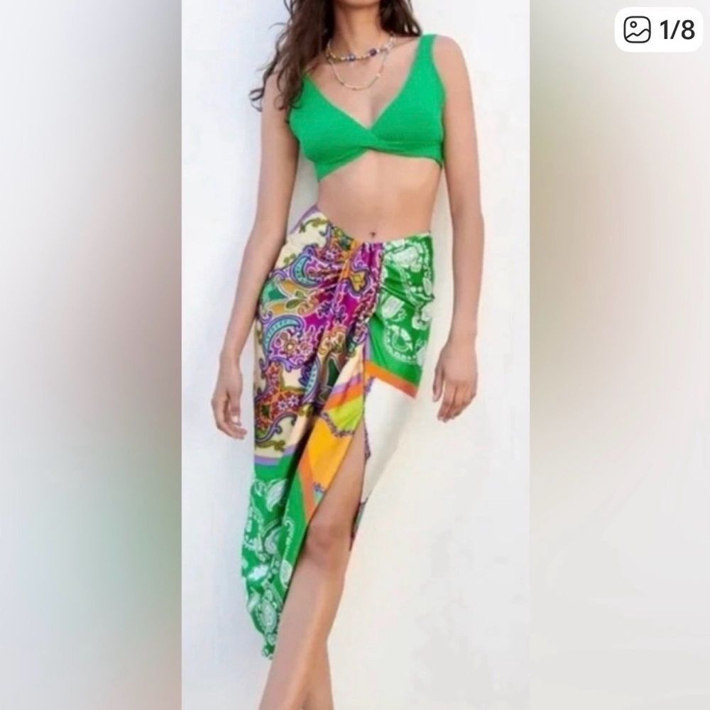 NWT Zara Paisley Print with Knot Pareo Midi Wrap Skirt S